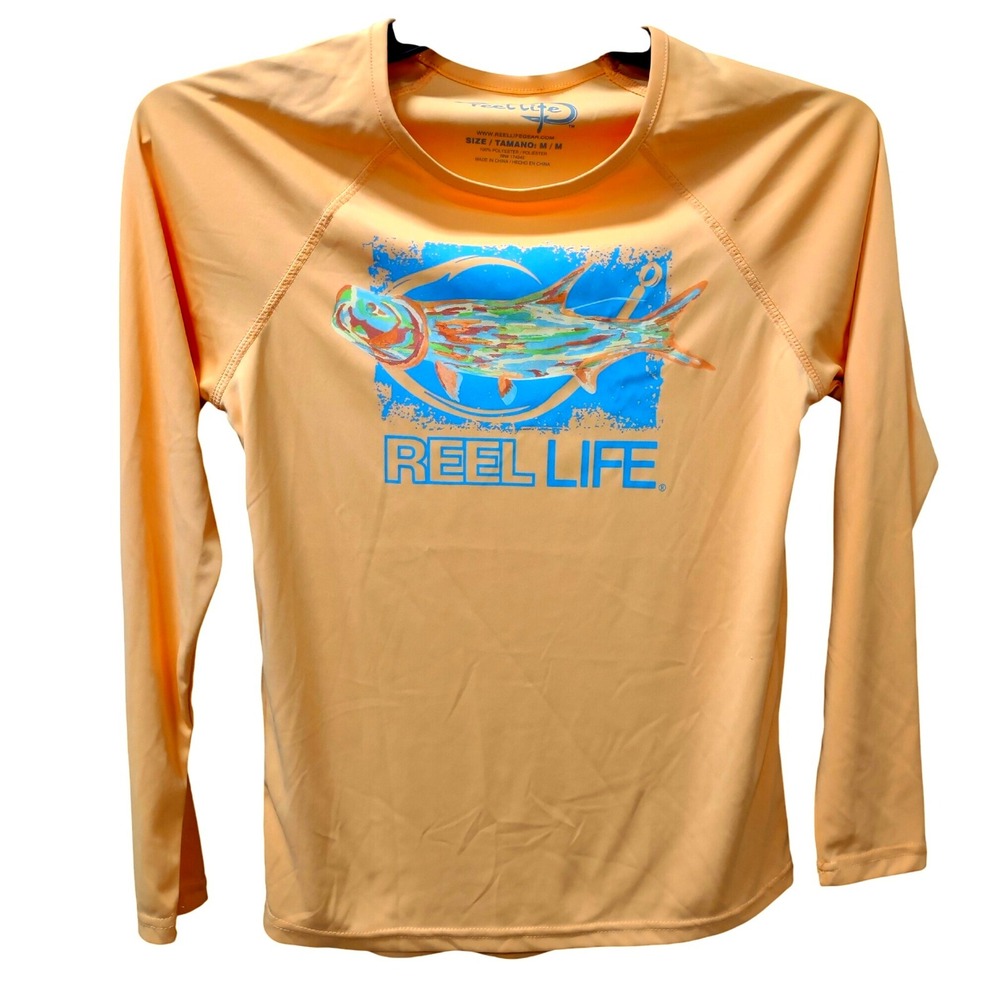 Reel Life‎ Fishing Shirt Long Sleeve Graphic Sun Protection Peach Medium